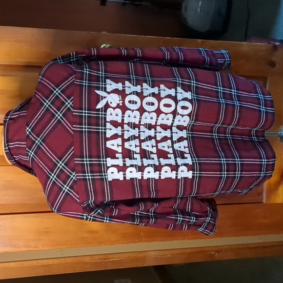 PLAYBOY* Shacket shirt blouse top button front long sleeve plaid pattern 2 pocke - Picture 5 of 11